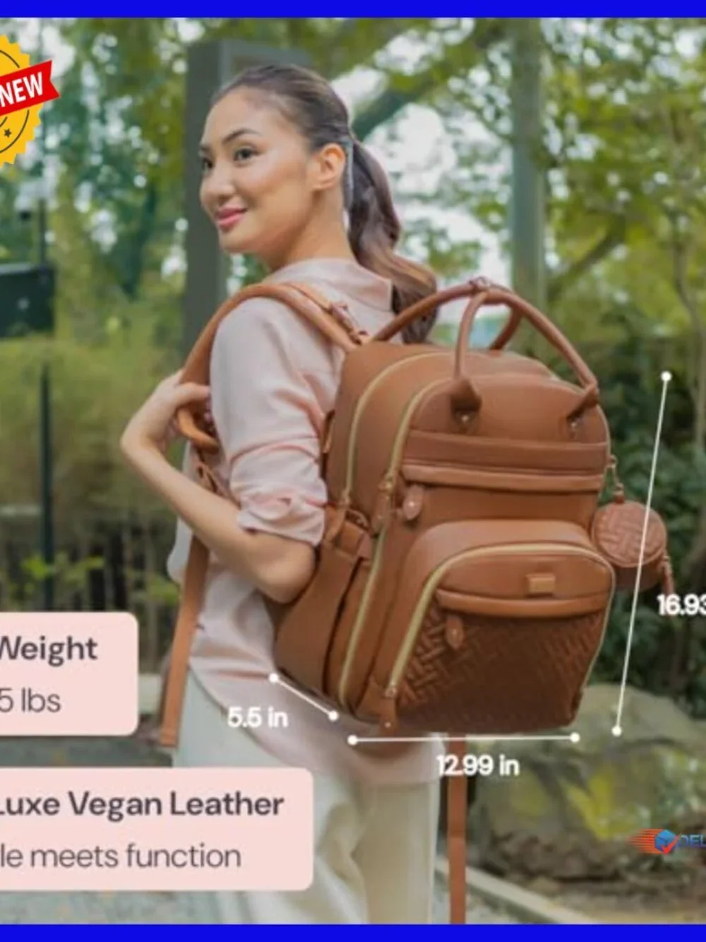 Large Vegan Leather Diaper Backpack with Changing Pad, Water Resistant, 26L